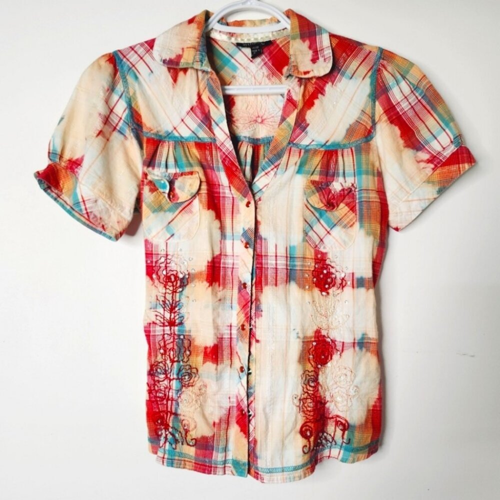 LE CHATEAU TIE DYE PLAID JEWEL & EMBROIDERED COLORFUL TOP SIZE XS